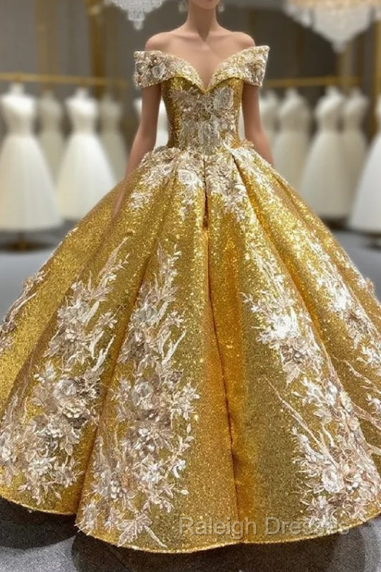 Gold Sequins Ball Gown Appliques Prom Dress