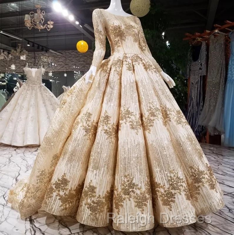 Gold Sequins Ball Gown Wedding Dress Long Sleeves Open Back Secondary image