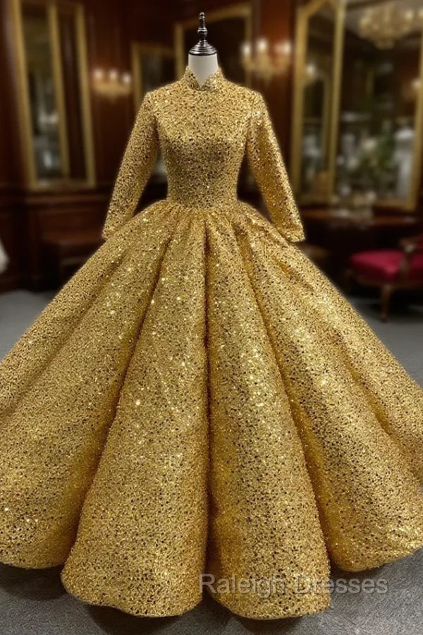 Gold Sequins High Neck Long Sleeve Prom Dress