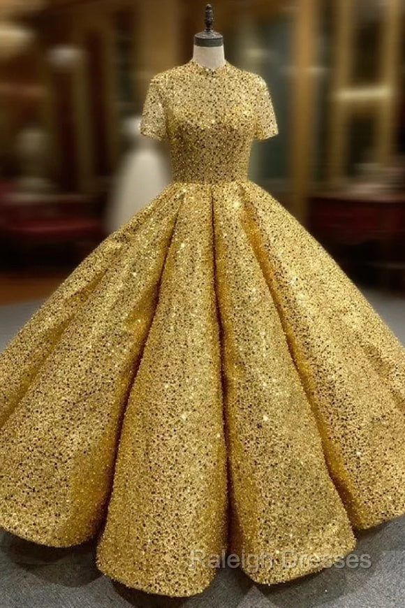 Gold Sequins High Neck Short Sleeve Prom Dress