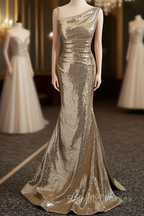 Gold Sequins Irregular Neck Pleats Prom Dress