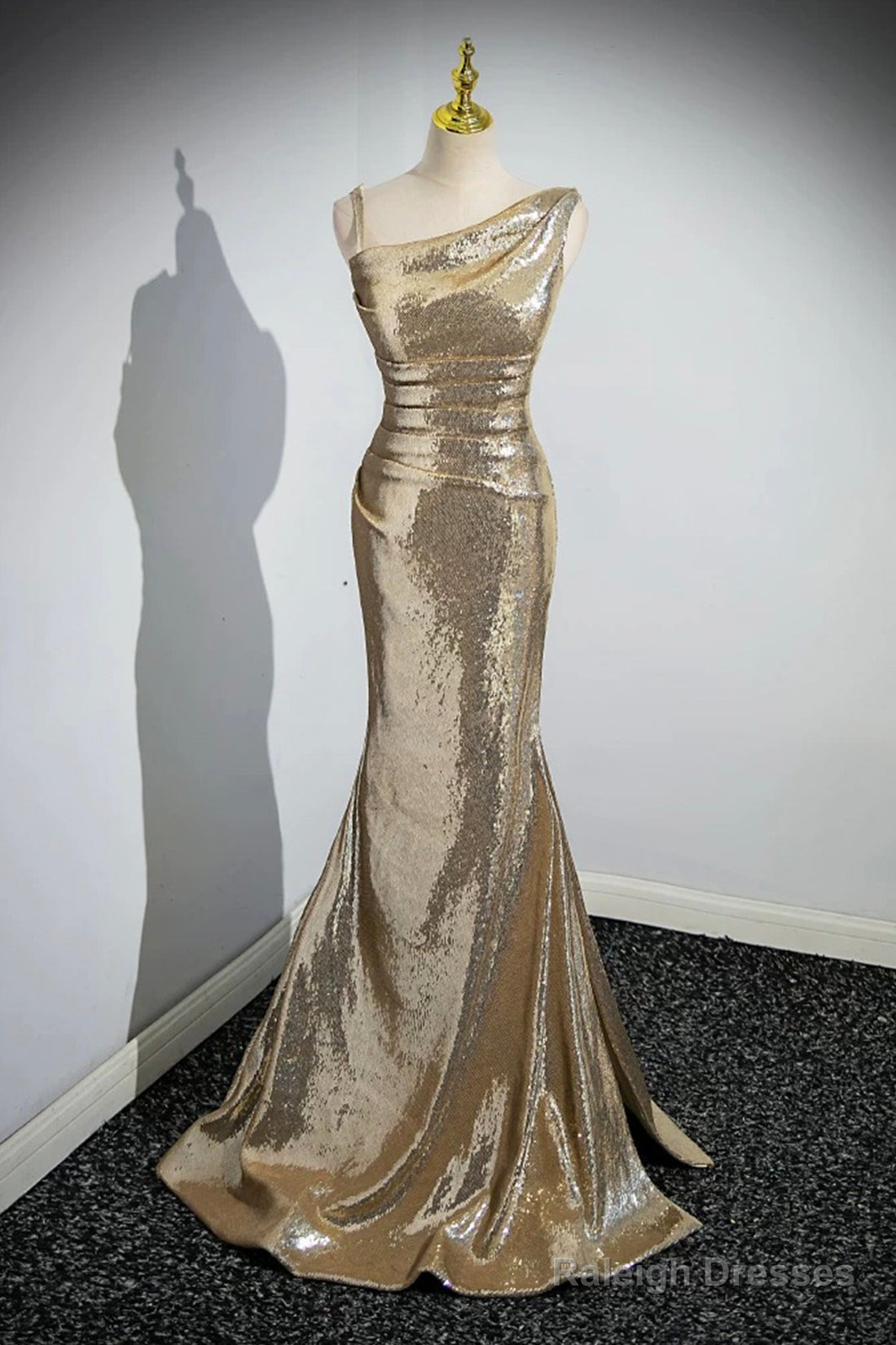 Gold Sequins Long Prom Dress, Mermaid One Shoulder Evening Party Dress Main image