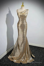 Gold Sequins Long Prom Dresses Mermaid One Shoulder Prom Dresses