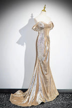 Gold Sequins Long Prom Dress, Shiny Off The Shoulder Backless Evening Party Dress