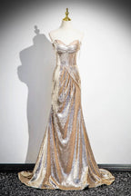 Gold Sequins Long Prom Dress, Shiny Off The Shoulder Backless Evening Party Dress