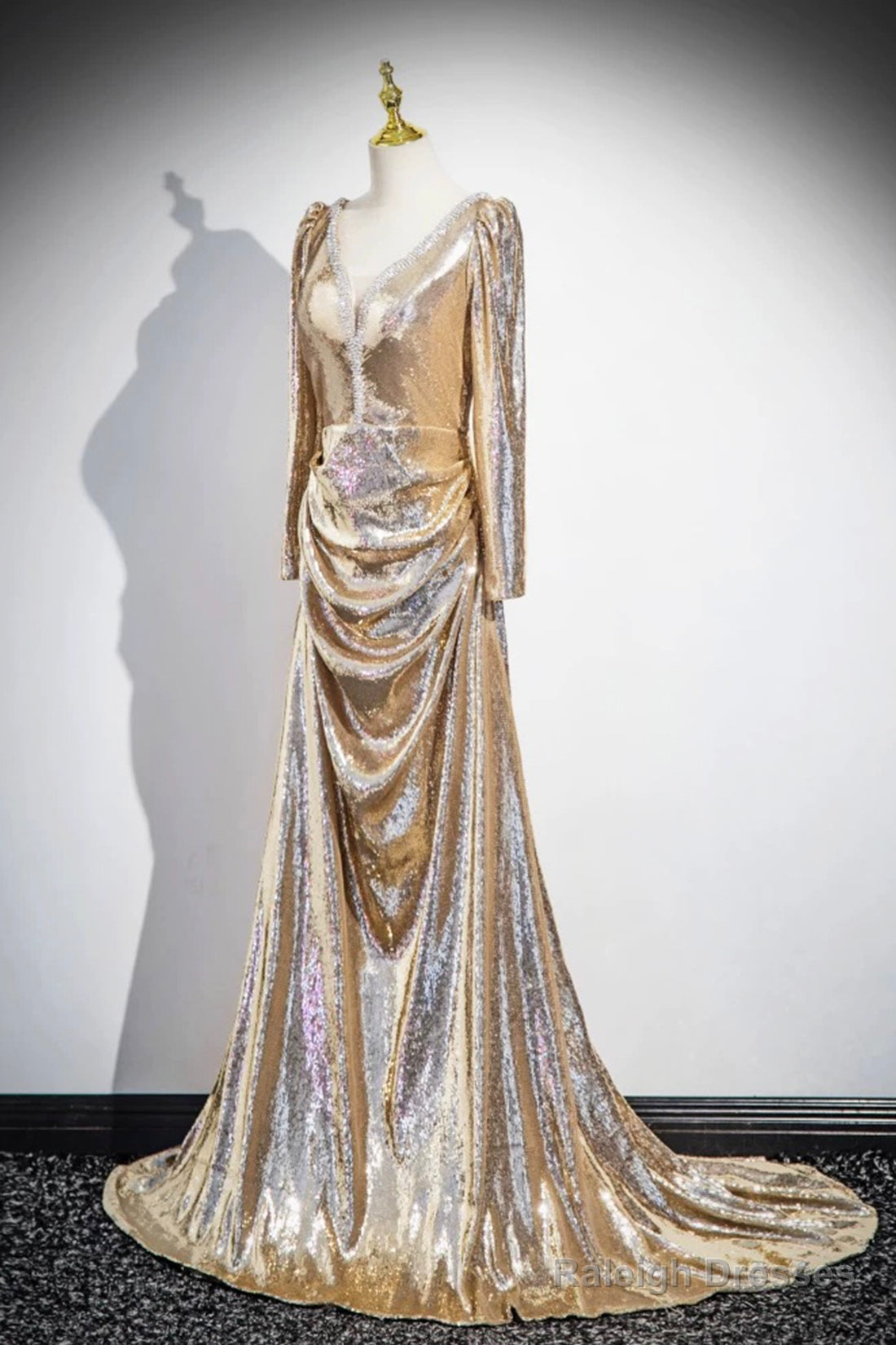 Gold Sequins Long Prom Dress, Shiny V-Neck Long Sleeve Evening Party Dress Secondary image