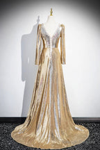 Gold Sequins Long Prom Dress, Shiny V-Neck Long Sleeve Evening Party Dress