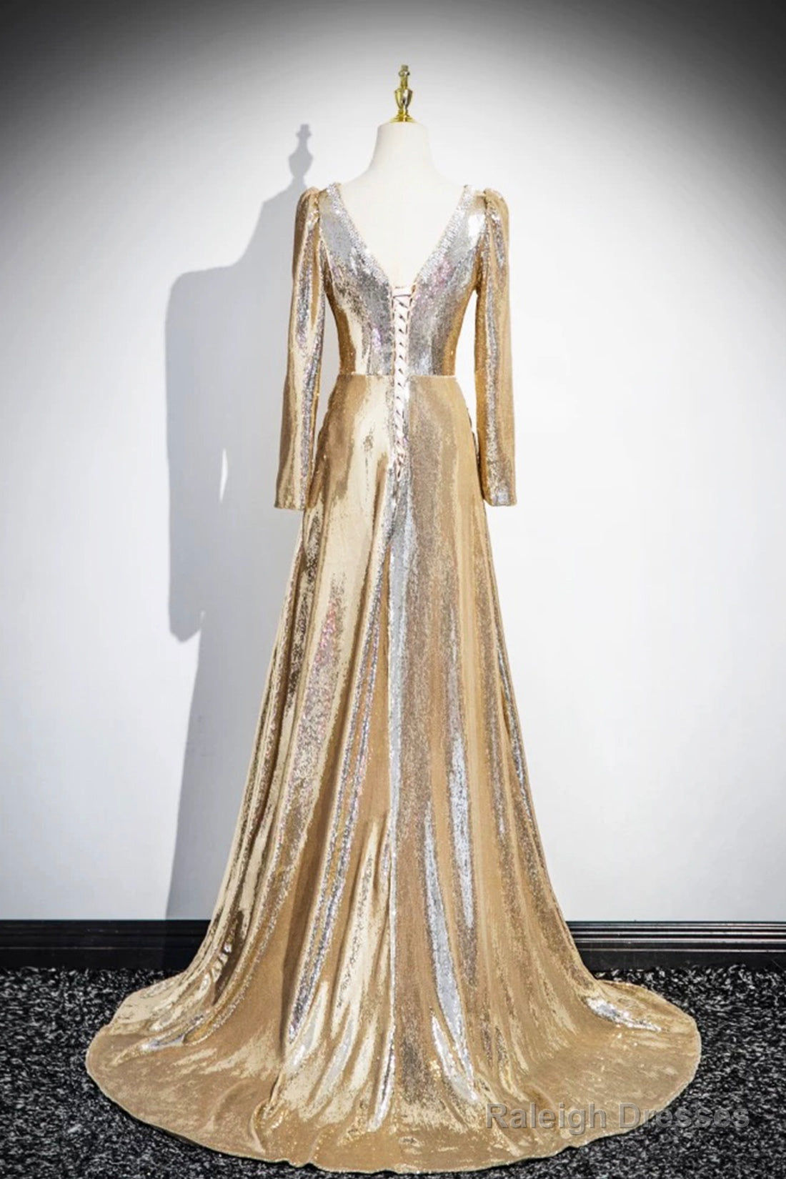 Gold Sequins Long Prom Dress, Shiny V-Neck Long Sleeve Evening Party Dress
