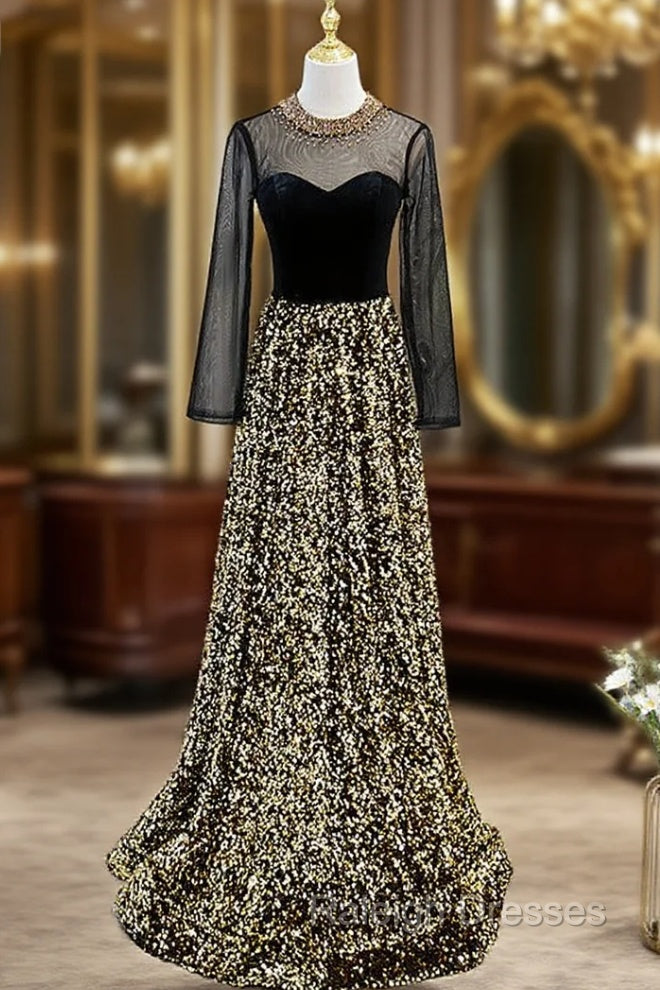 Gold Sequins Long Sleeve Backless Beading Prom Dress