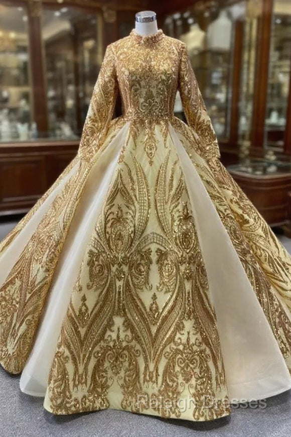 Gold Sequins Long Sleeve High Neck Prom Dress Main image
