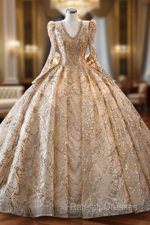 Gold Sequins Long Sleeve V-neck Prom Dress