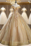Gold Sequins Off the Shoulder Appliques Beading Quinceanera Dress