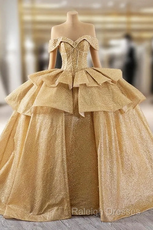 Gold Sequins Off the Shoulder Beading Prom Dress
