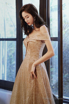 Gold Sequins Off The Shoulder Prom Dress, Shiny A-Line Evening Party Dress