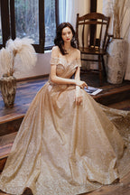 Gold Sequins Off The Shoulder Prom Dress, Shiny A-Line Evening Party Dress