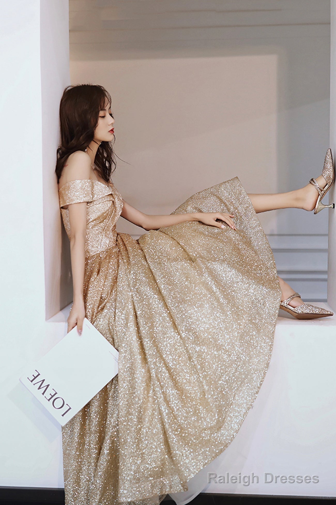 Gold Sequins Off The Shoulder Prom Dress, Shiny A-Line Evening Party Dress