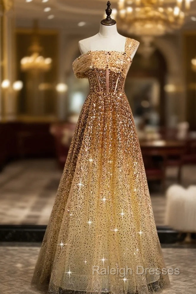 Gold Sequins One Shoulder Pleats Corset Prom Dress