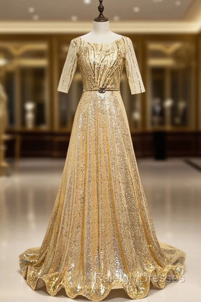 Gold Sequins Short Sleeve Prom Dress With Belt Main image