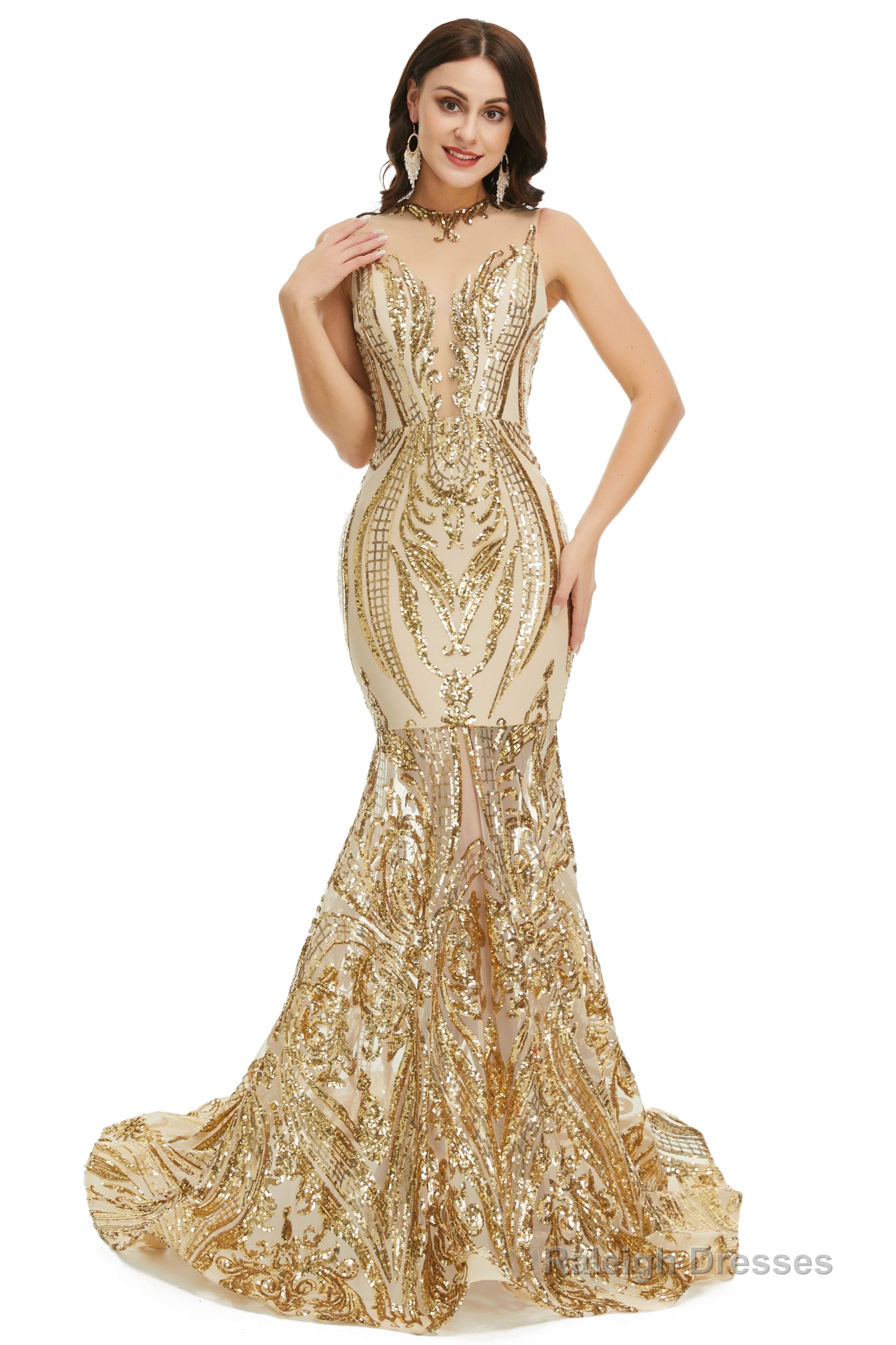 Sequins Sleeveless Floor Length Crew Neck Prom Dresses