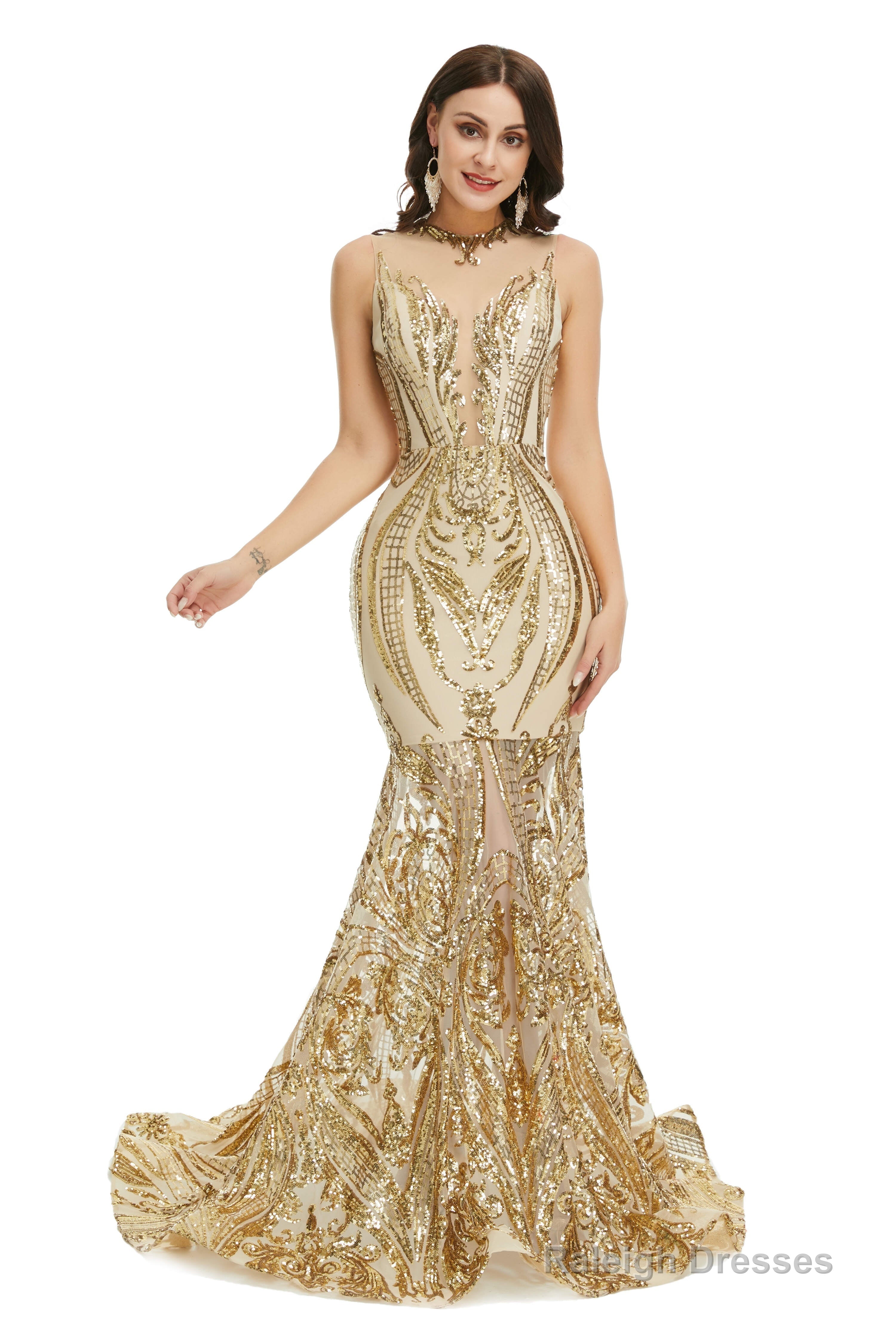 Sequins Sleeveless Floor Length Crew Neck Prom Dresses