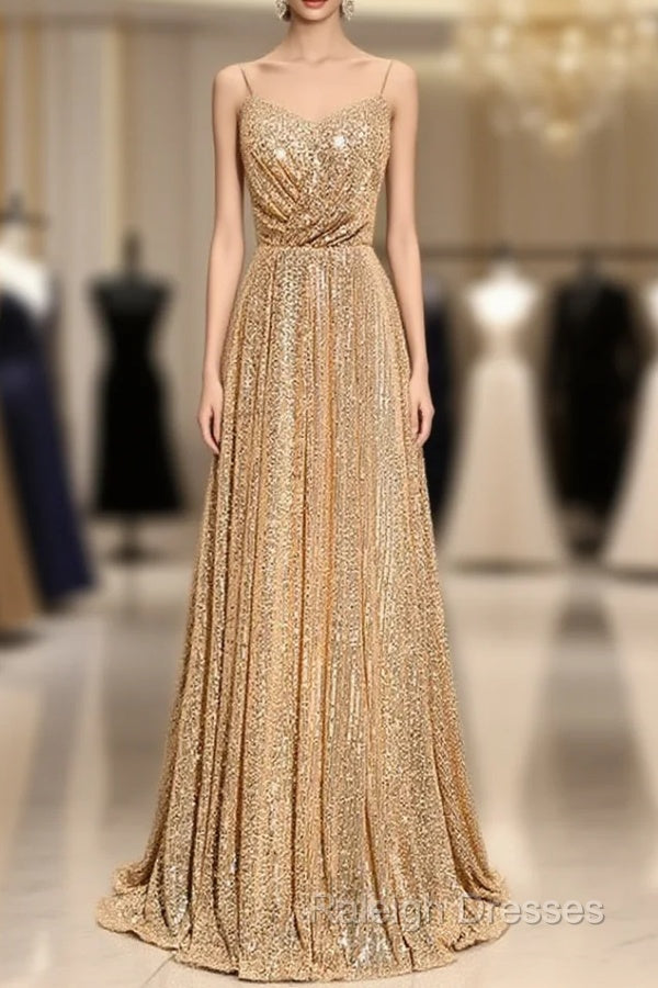 Gold Sequins Spaghetti Straps Prom Dress Main image
