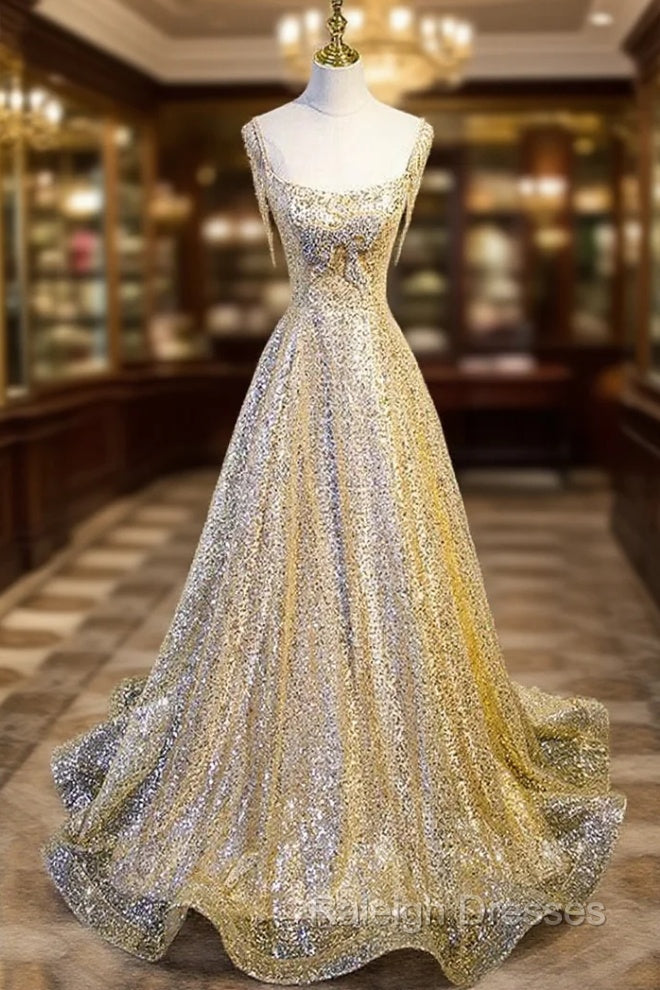 Gold Sequins Straps Beading Prom Dress Main image