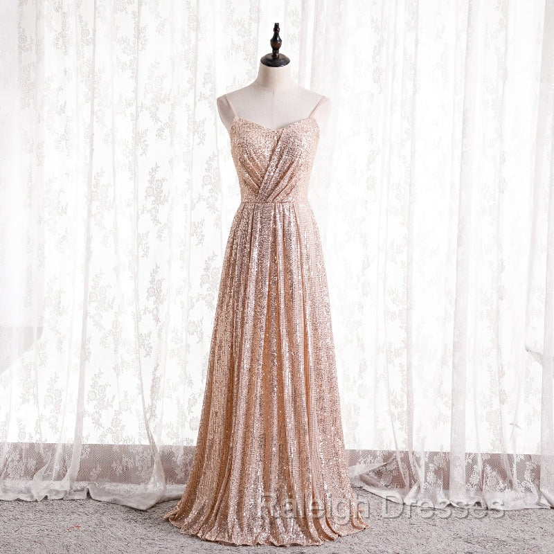 Gold Sequins Sweetheart Simple Spaghetti Straps Long Prom Dress, Sequins Prom Dress Bridesmaid Dress Secondary image