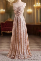 Gold Sequins Sweetheart Simple Spaghetti Straps Long Prom Dress, Sequins Prom Dress Bridesmaid Dress