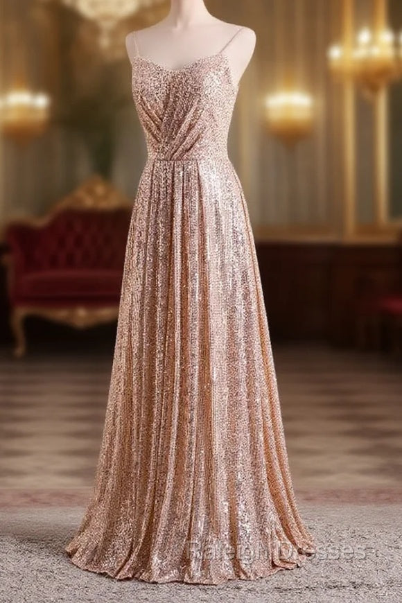 Gold Sequins Sweetheart Simple Spaghetti Straps Long Prom Dress, Sequins Prom Dress Bridesmaid Dress