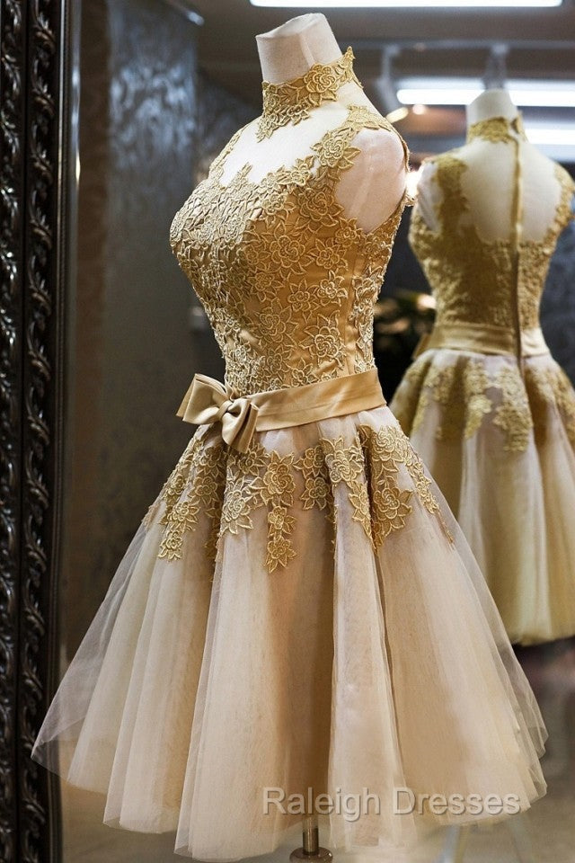 Gold Short Knee Length Lace Homecoming Dress , Short Prom Dress, Pretty Formal Dresses Secondary image