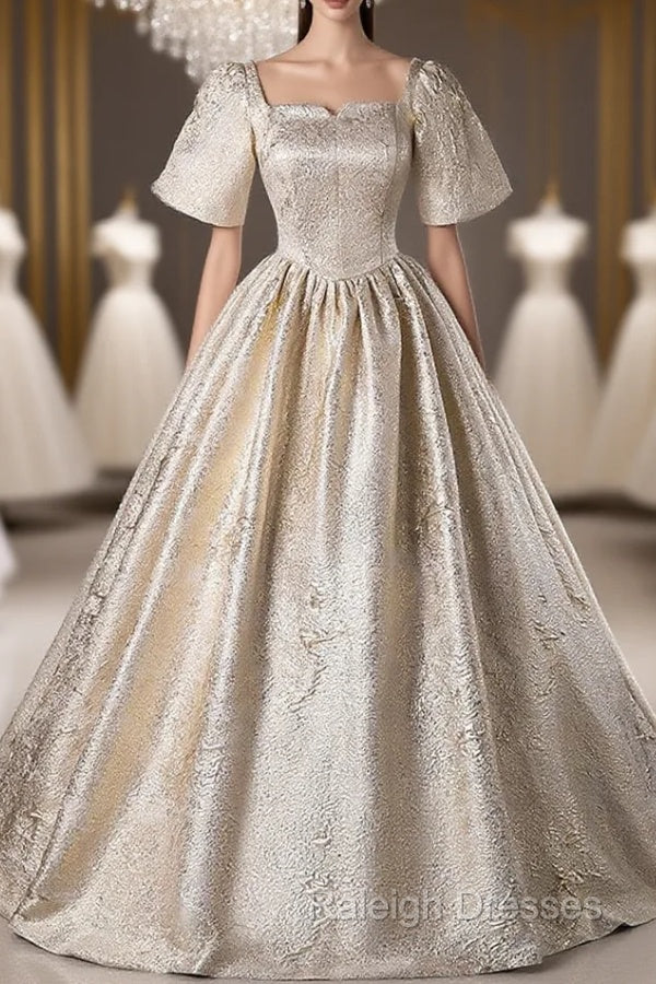 Gold Short Sleeve Square Neck Quinceanera Dress