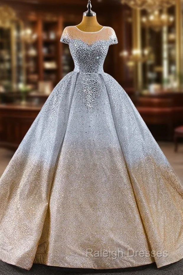 Gold Silver Ball Gown Sequins Cap Sleeve Crystal Prom Dress Main image
