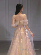 Gold Sparkle A Line Tulle Sequin Long Prom Dress