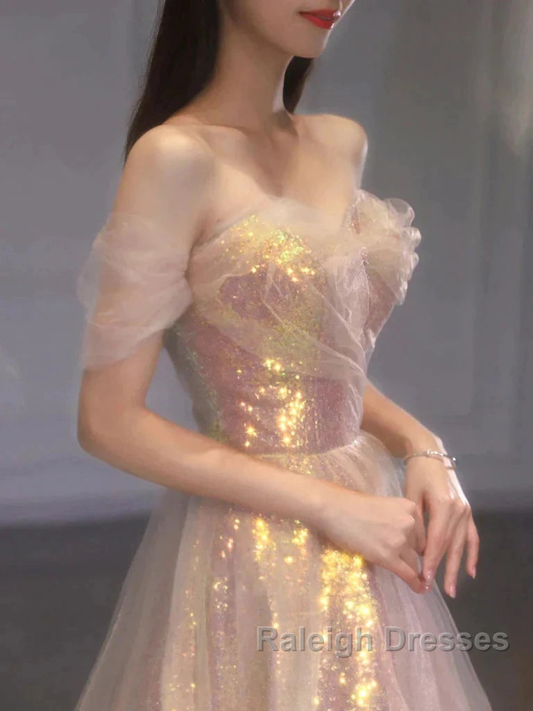 Gold Sparkle A Line Tulle Sequin Long Prom Dress