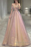 Gold Sparkle A Line Tulle Sequin Long Prom Dress