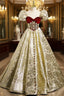 Gold Square Puff Sleeve Velvet Prom Dress