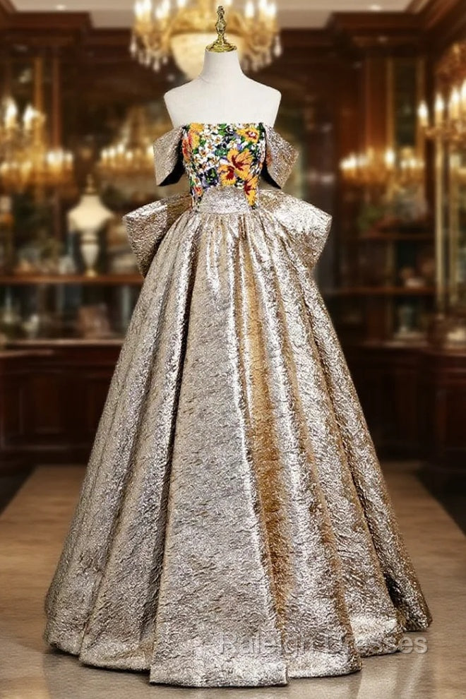 Gold Strapless Colorful Sequins Prom Dress With Bow Main image