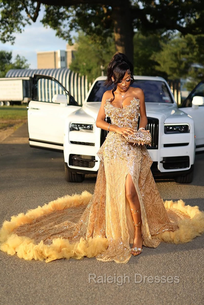 Gold Sweetheart Beaded Sparkles Court Train Flowers Prom Dresses Main image