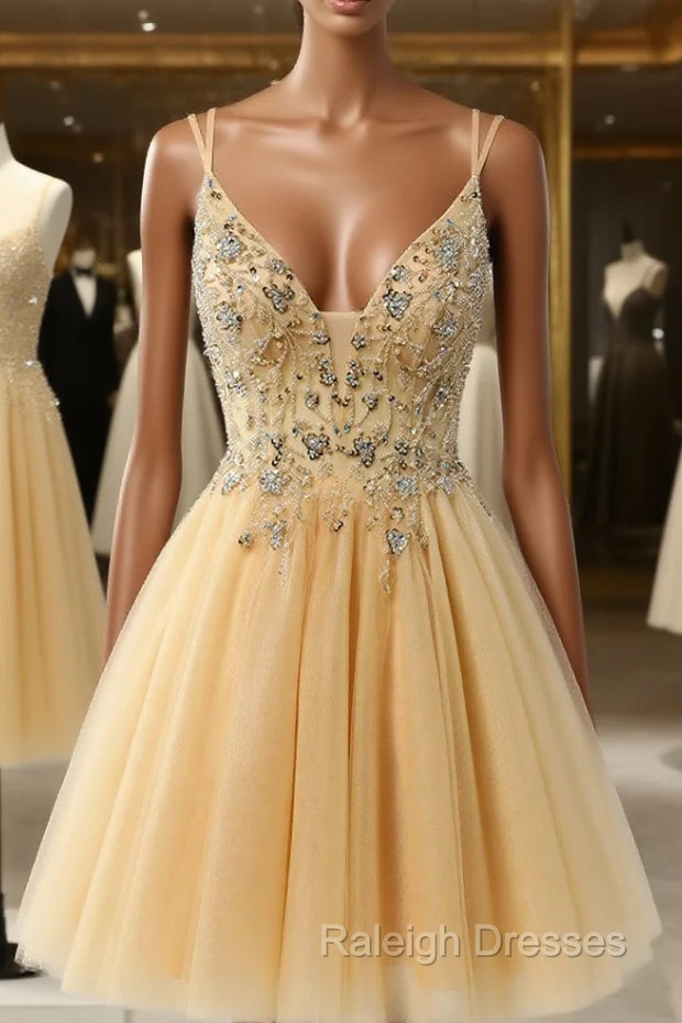 Gold Tulle Double Straps Beading Sequins Homecoming Dress Main image