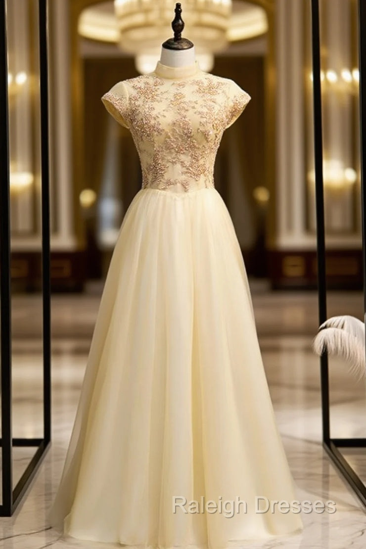 Gold Tulle High Neck Beading Open Back Prom Dress Main image