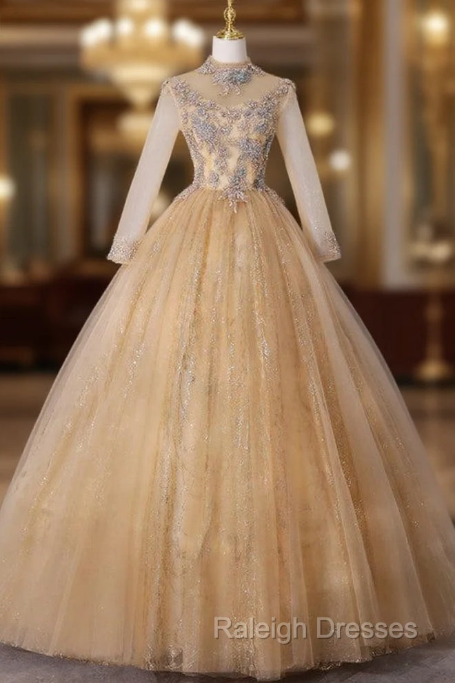 Gold Tulle High Neck Long Sleeve Backless Quinceanera Dress Main image