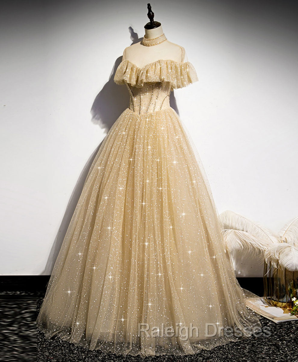 Gold Tulle Lace Long Prom Dress Gold Sweet 16 Dress