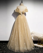 Gold Tulle Lace Long Prom Dress Gold Sweet 16 Dress