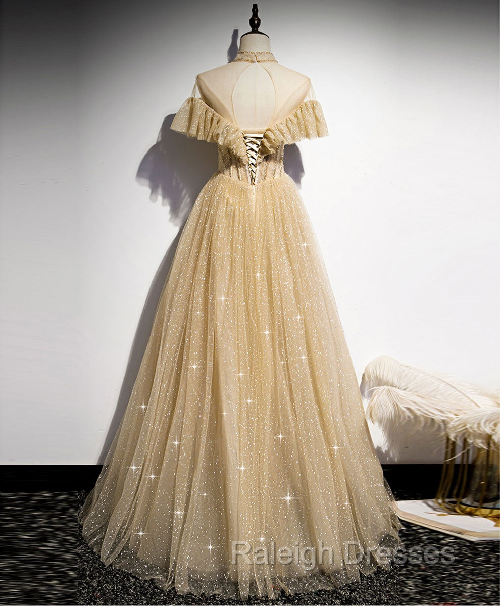 Gold Tulle Lace Long Prom Dress Gold Sweet 16 Dress