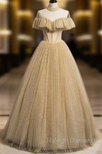 Gold Tulle Lace Long Prom Dress Gold Sweet 16 Dress