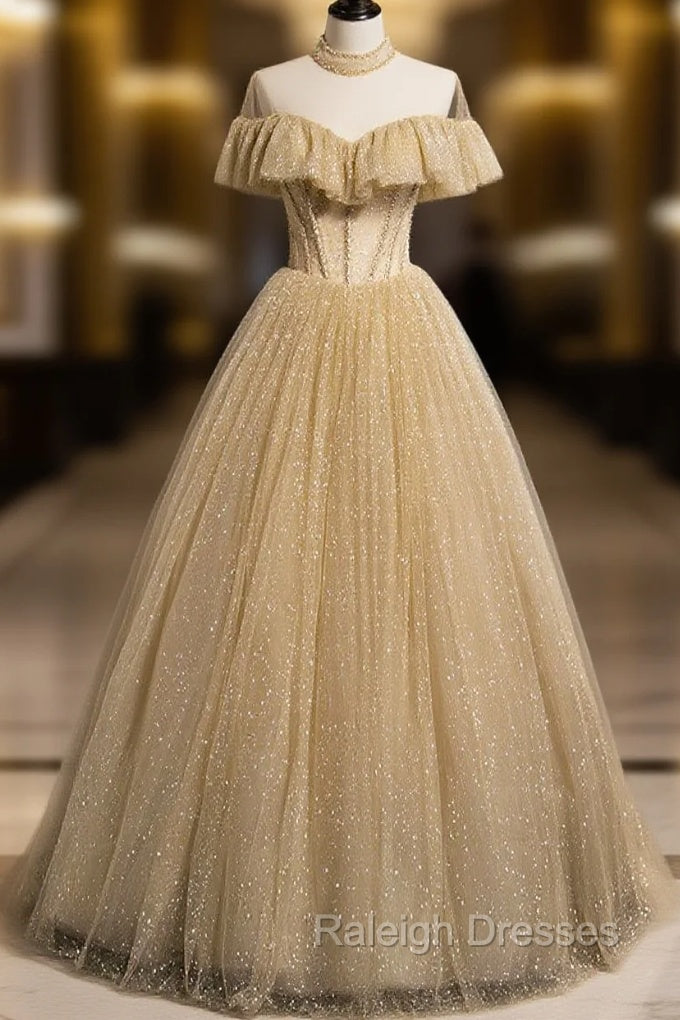 Gold Tulle Lace Long Prom Dress Gold Sweet 16 Dress