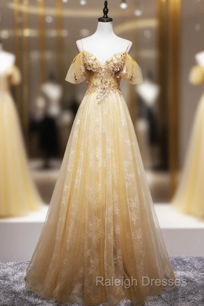 Gold Tulle Lace Sequins Appliques Backless Spaghetti Straps Prom Dress Main image