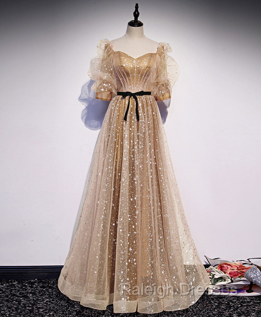 Gold Tulle Long Prom Dress, A line Gold Formal Graduation Party Dress Main image