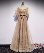 Gold Tulle Long Prom Dress, A line Gold Formal Graduation Party Dress