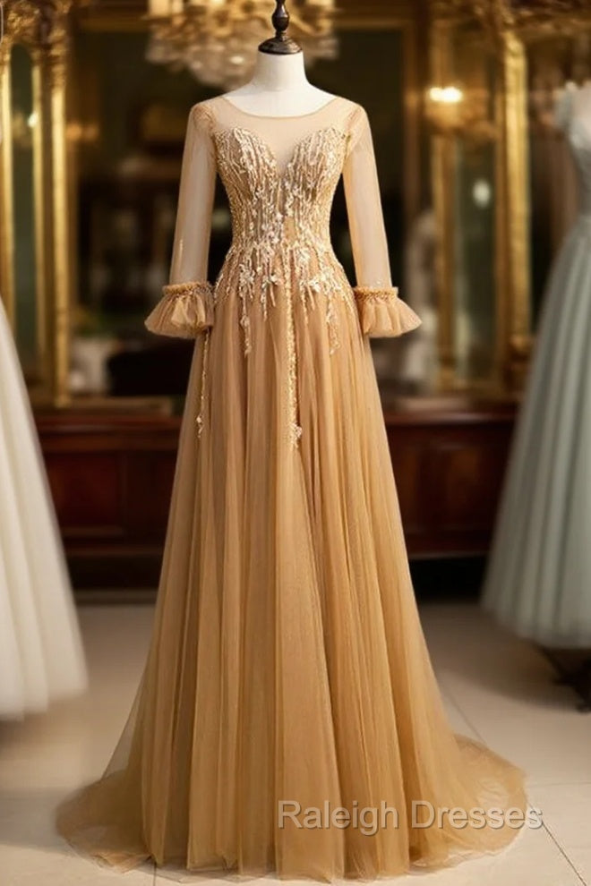Gold Tulle Long Sleeve Backless Beading Prom Dress Main image